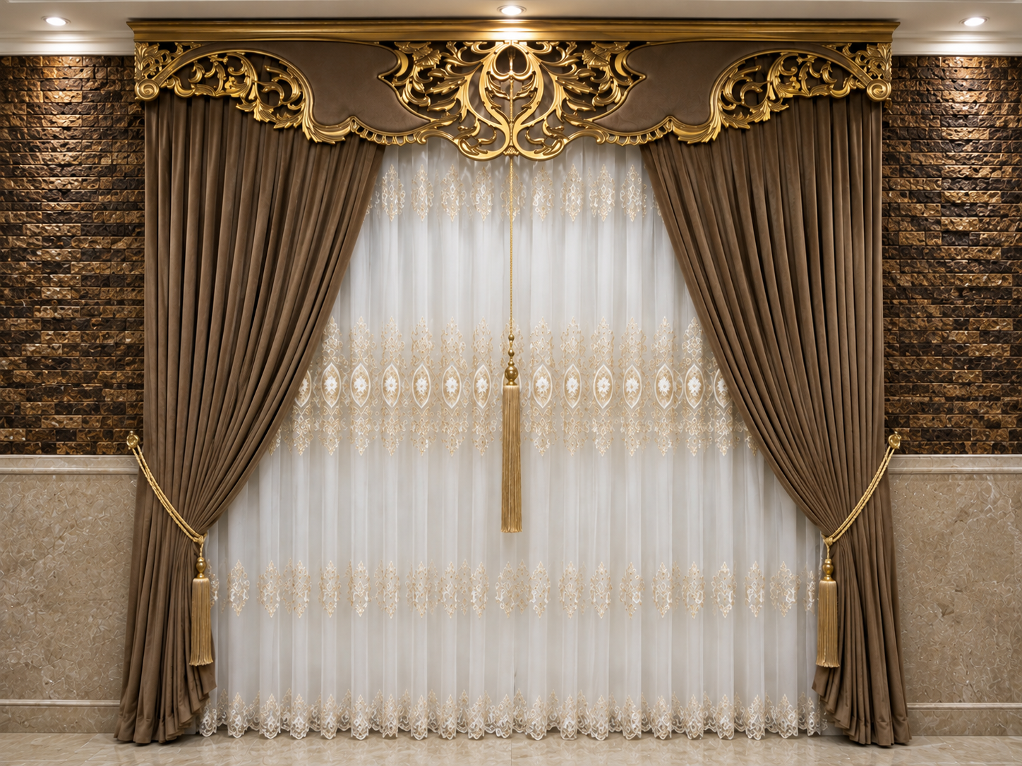Luxury Brown Curtain Set with Gold Ornate Valance & Embroidered Sheer