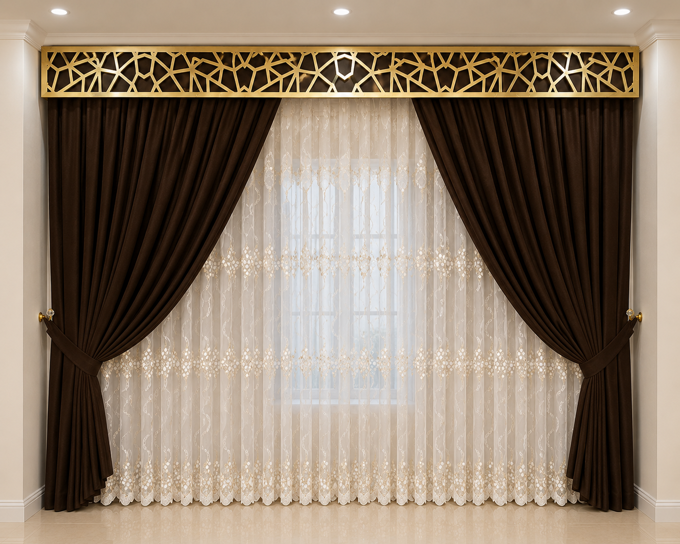 Luxury Dark Brown Curtain with Golden Geometric Valance