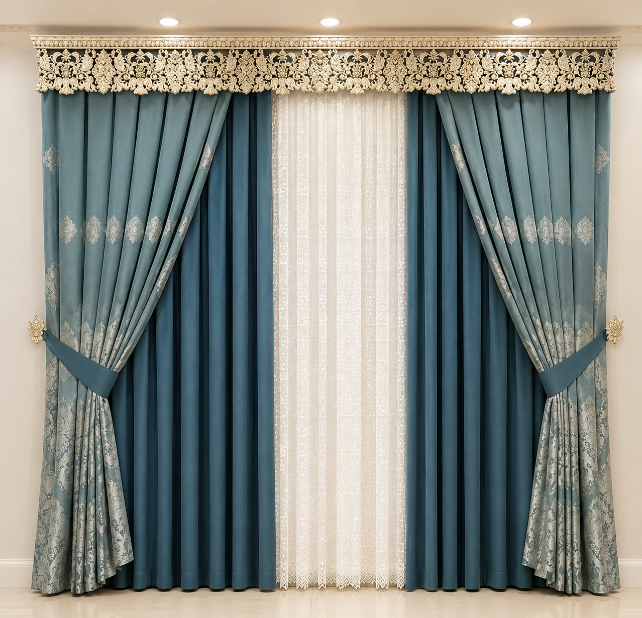 Luxury Blue Jacquard Curtain with Embroidered Decorative Valance