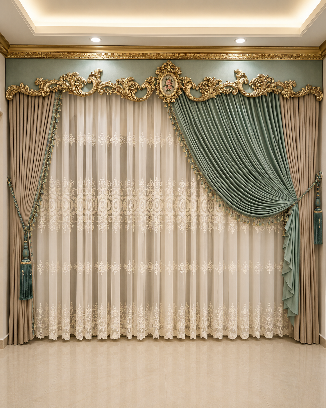 Luxury Sage Green & Beige Curtain with Royal Decorative Valance