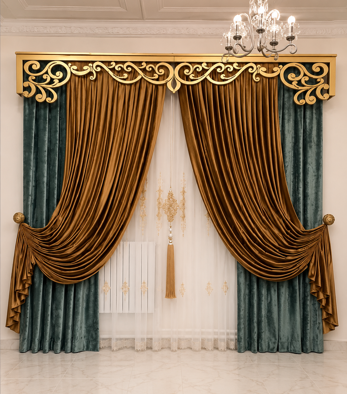 Luxury Gold & Teal Velvet Curtain with Royal Decorative Valance