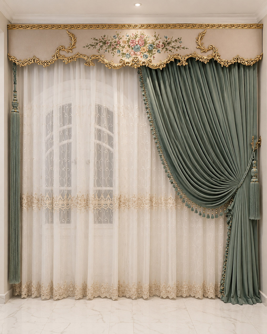 Luxury Sage Green Curtain with Floral Royal Valance & Tassel Details