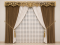 Luxury Brown & Ivory Window Curtain Set with Gold Decorative Valance