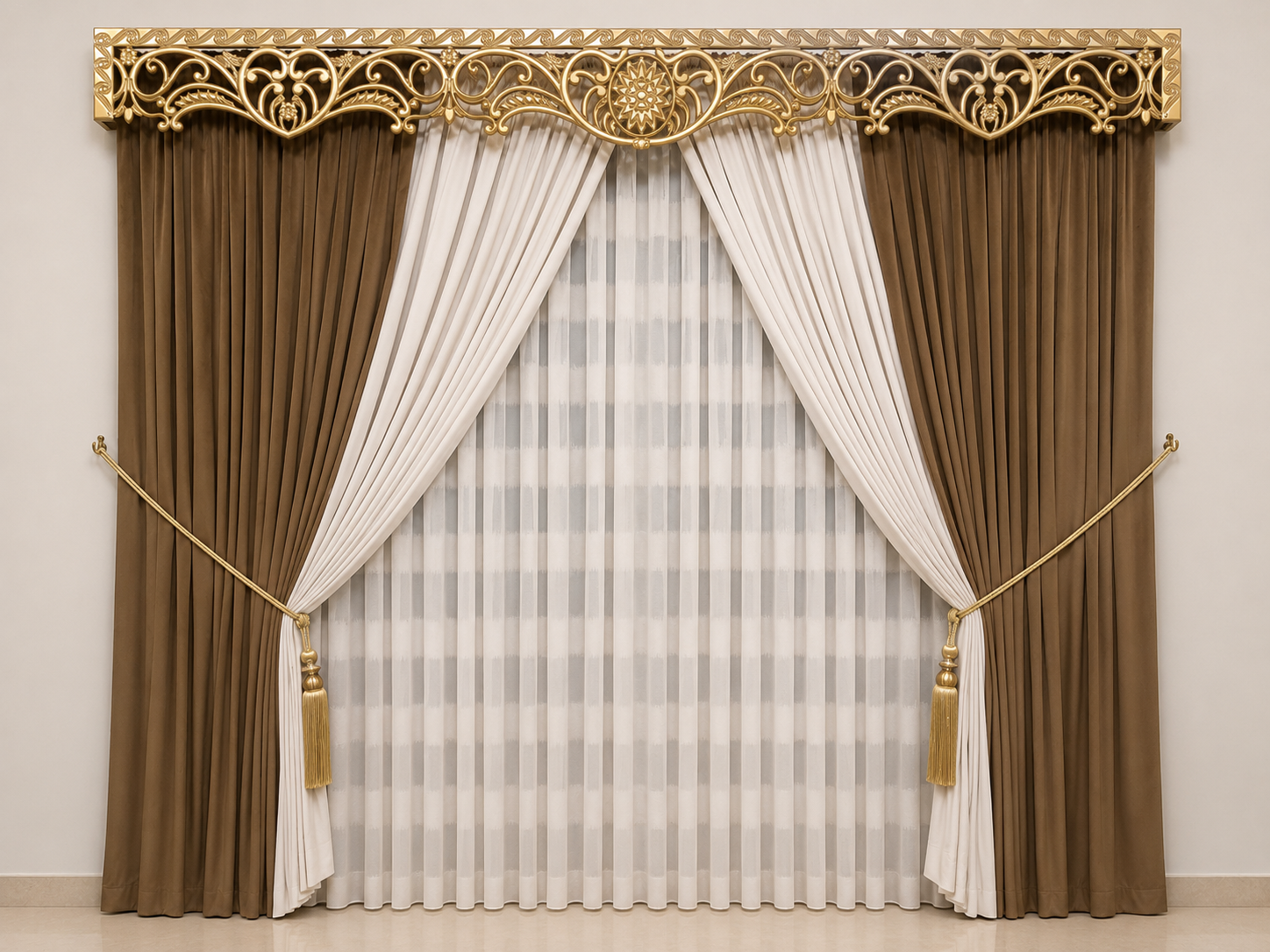 Luxury Brown & Ivory Window Curtain Set with Gold Decorative Valance
