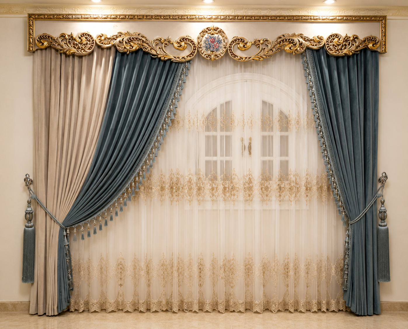 Luxury Blue & Beige Curtain with Golden Royal Decorative Valance