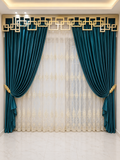 Luxury Teal Blue Velvet Curtain with Modern Golden Geometric Valance