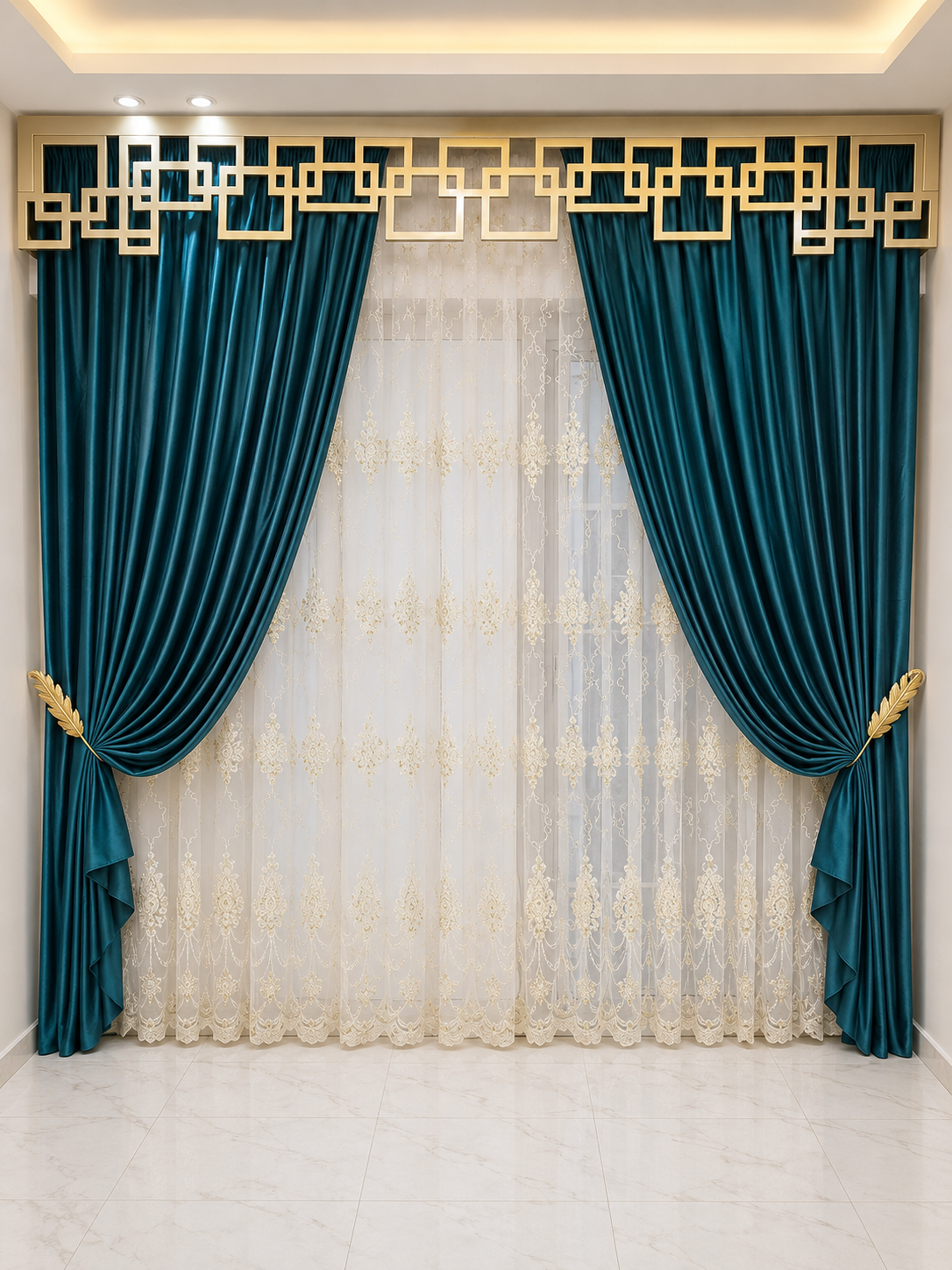 Luxury Teal Blue Velvet Curtain with Modern Golden Geometric Valance