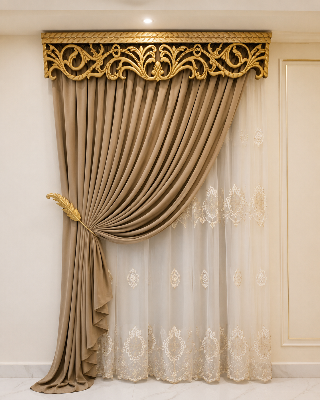 Luxury Taupe Beige Curtain with Golden Royal Valance