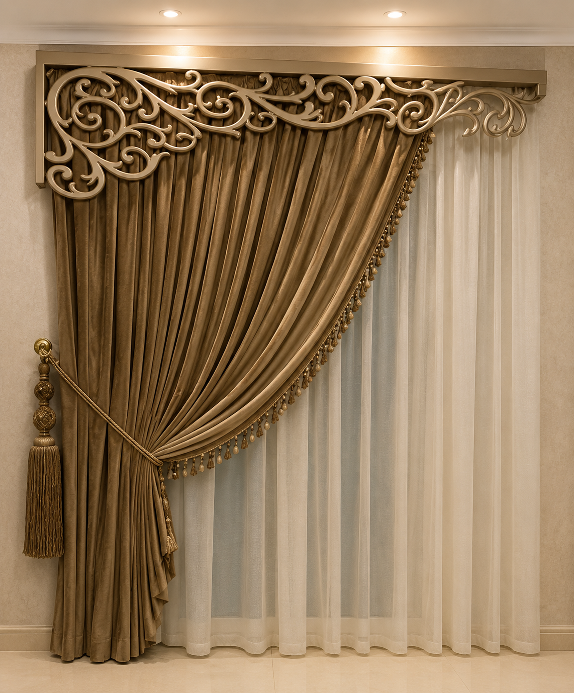 Luxury Brown Velvet Curtain with Elegant Decorative Valance