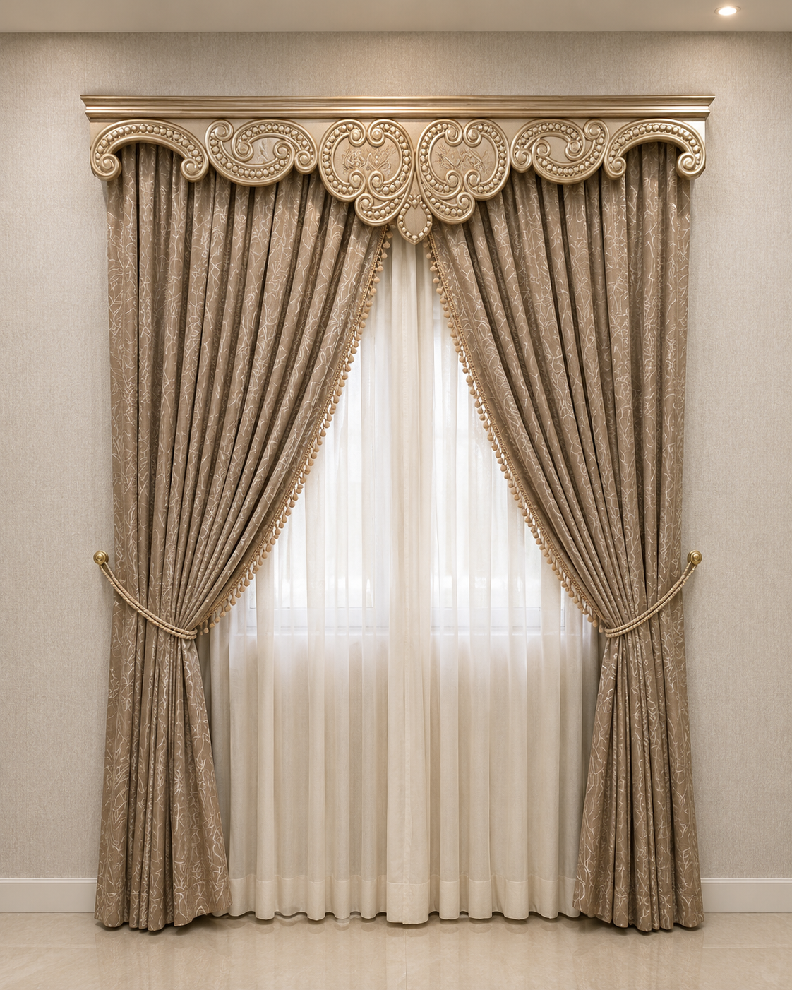 Luxury Beige Jacquard Curtain with Classic Royal Valance