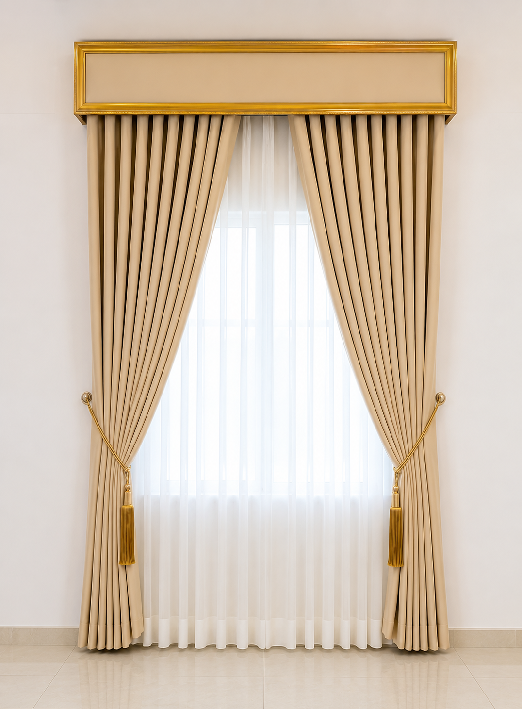 Luxury Cream Beige Curtain with Golden Frame Valance
