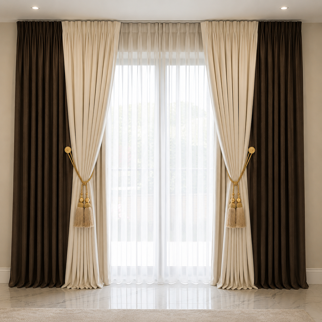 Elegant Brown & Ivory Layered Curtain Set with Gold Tassel Tiebacks