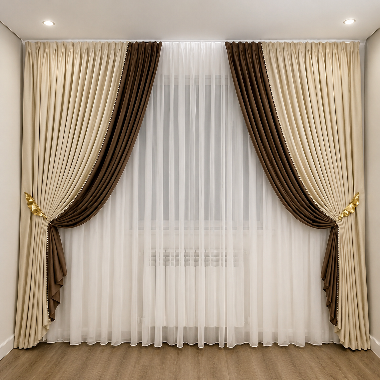 Elegant Brown & Cream Layered Curtain Set with Gold Tiebacks