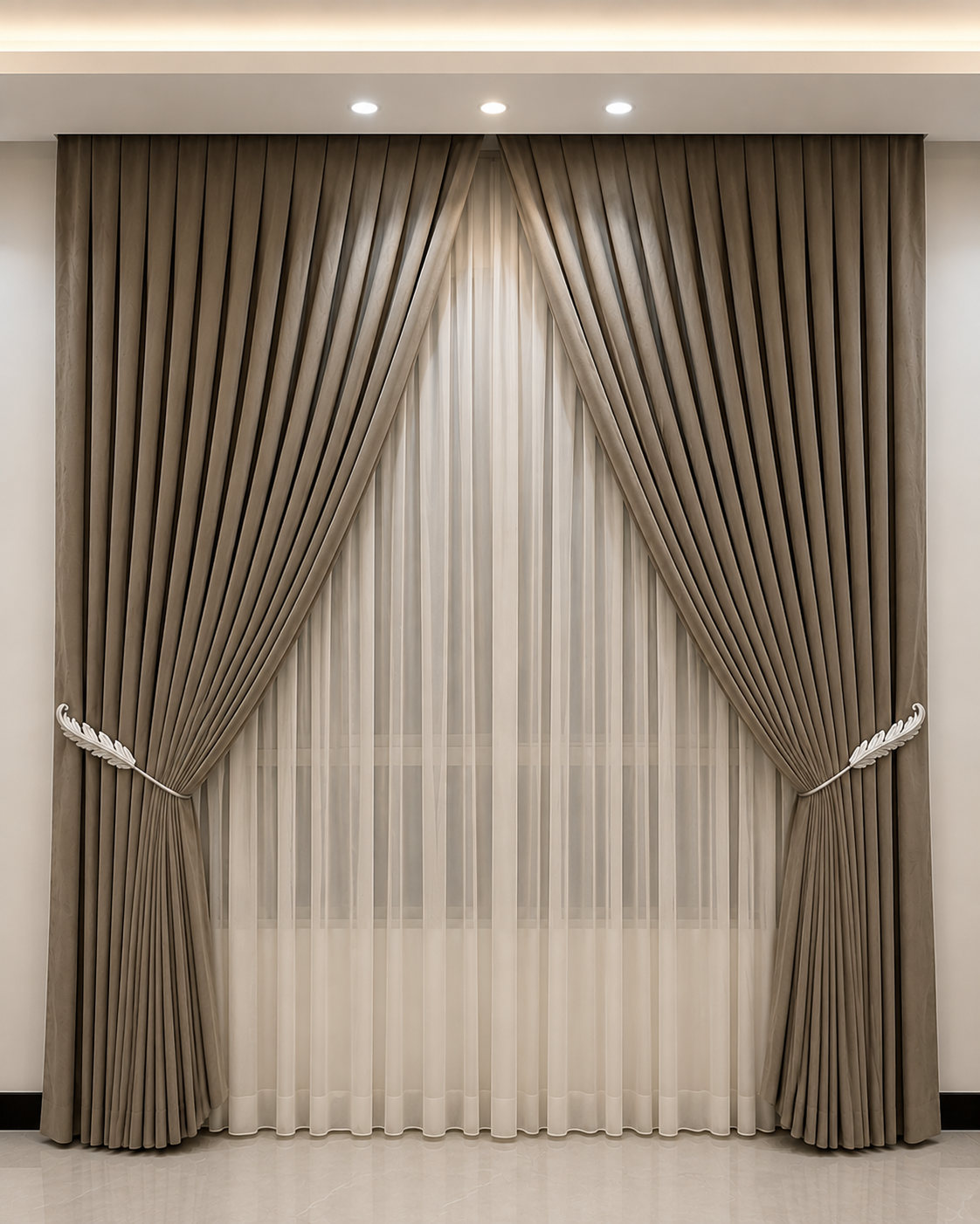 Elegant Taupe Layered Curtain Set with White Leaf Tiebacks