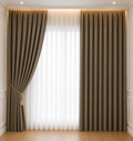 Elegant Dark Taupe Curtain Set with White Sheer Panels & Gold Tassel Tieback