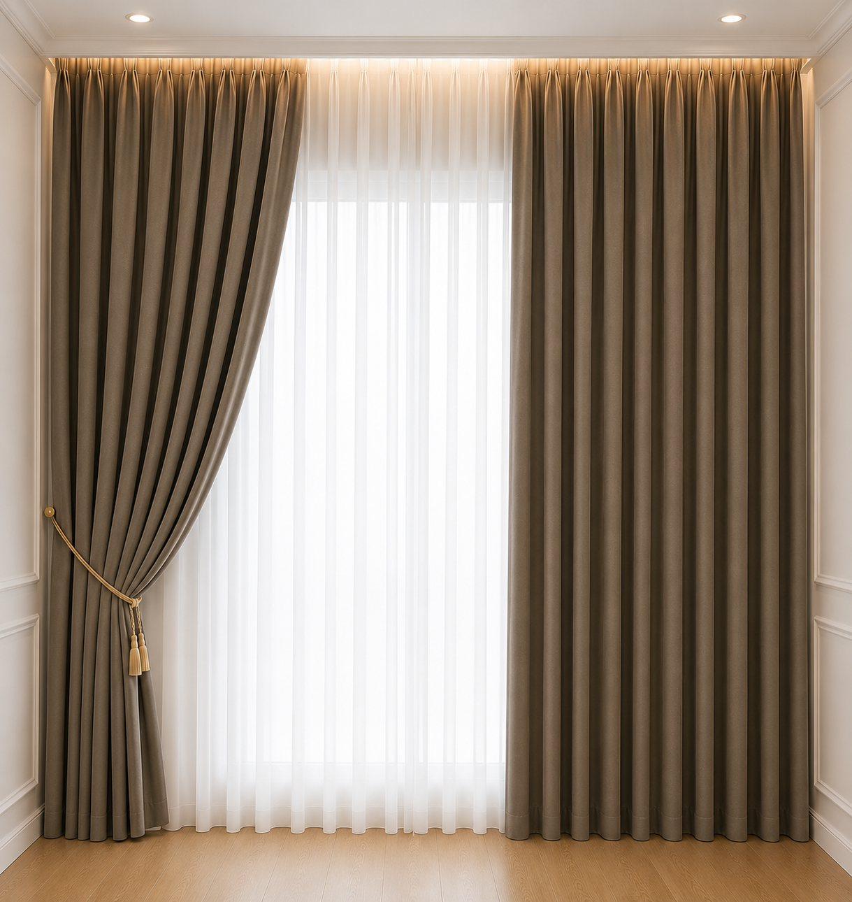 Elegant Dark Taupe Curtain Set with White Sheer Panels & Gold Tassel Tieback